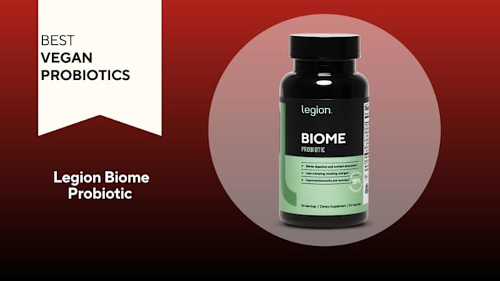 A red background with a white banner that says, "Best Vegan Probiotics" next to a black and bright green container that says Legion Biome Probiotic in white and green font